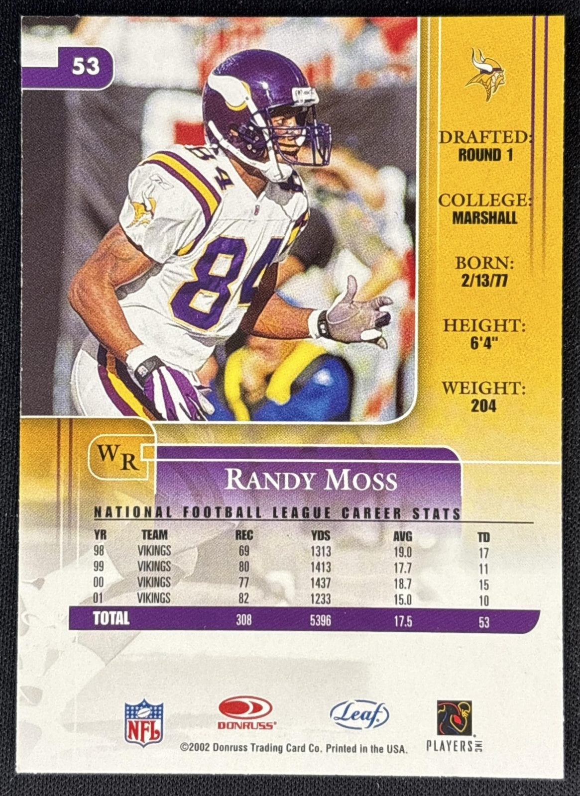 Randy Moss 2002 Leaf Rookies & Stars Vikings