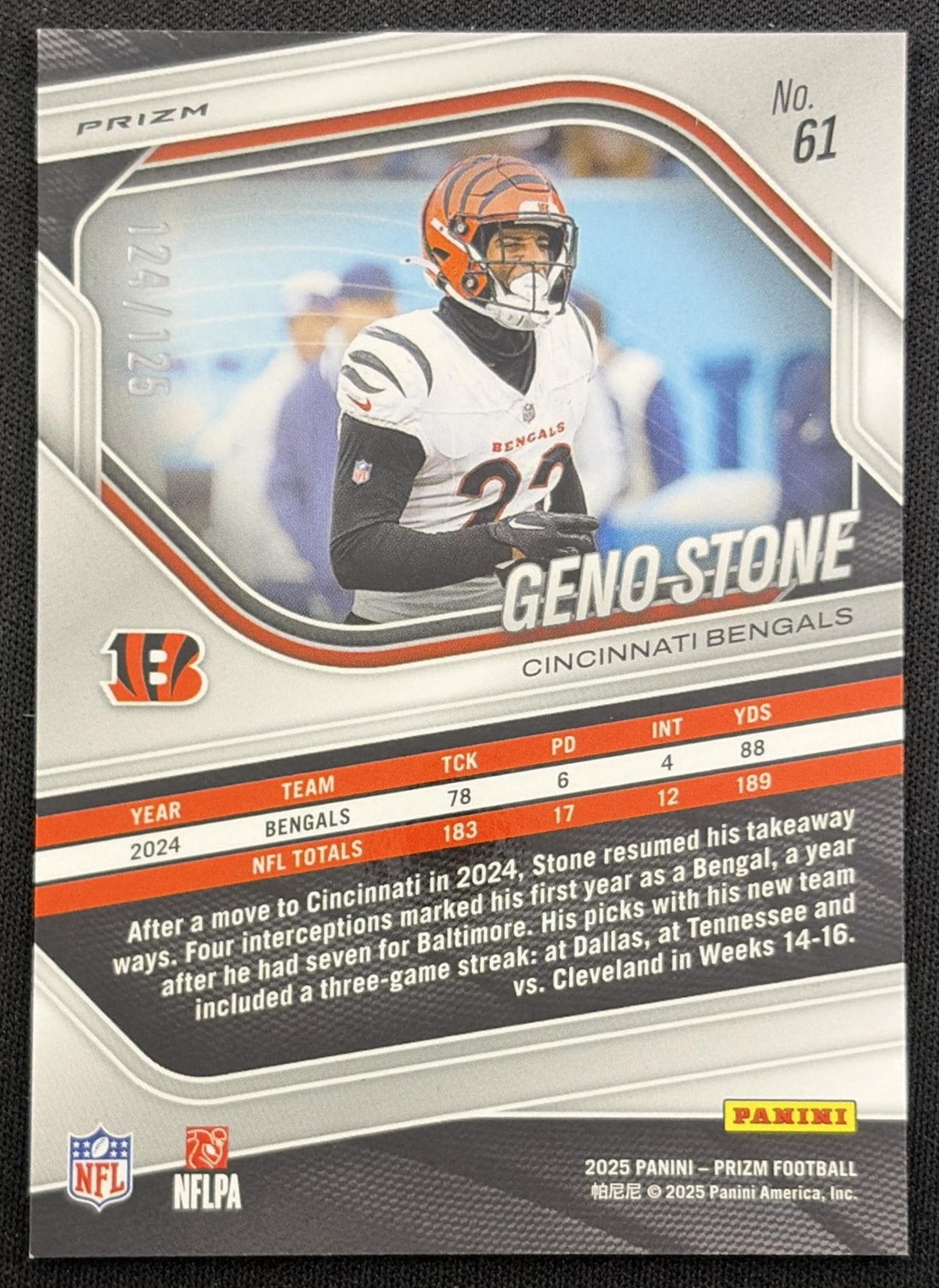 Geno Stone 2025 Panini Prizm No Huddle Blue /125 Bengals back