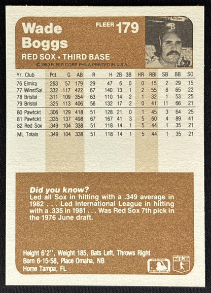 Wade Boggs 1983 Fleer Red Sox Sports Trading Cards