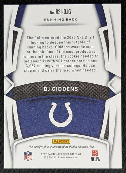 DJ Giddens 2025 Panini Certified Rookie Signatures Blue Etch /20 Colts back