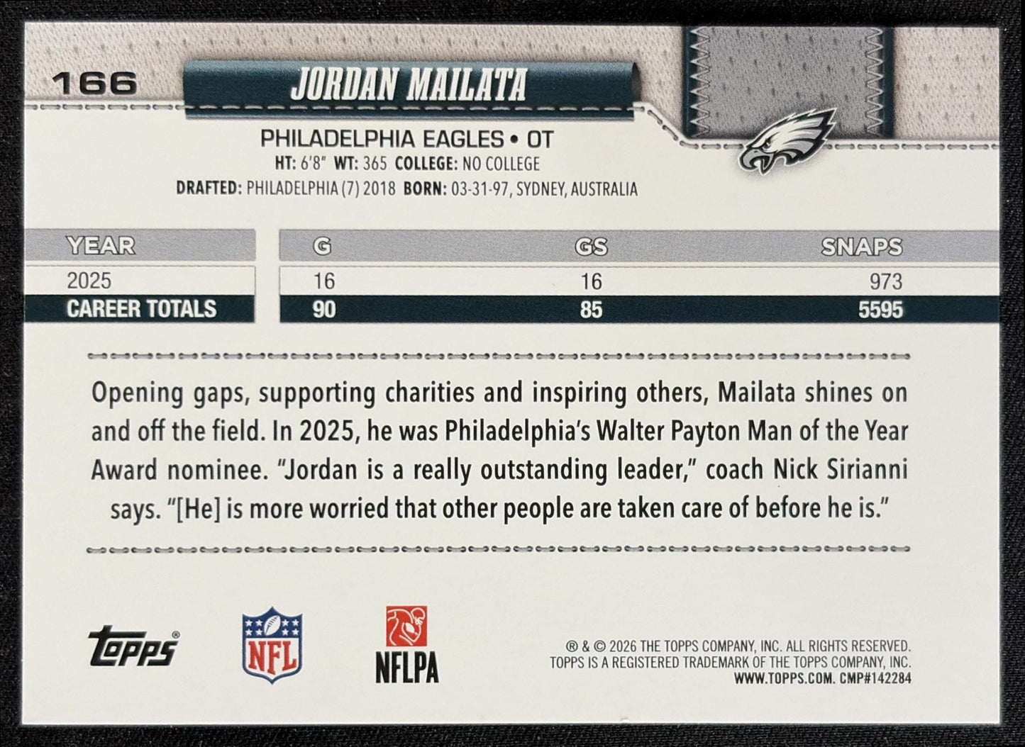 Jordan Mailata 2026 Topps Aqua Rainbow Foil Eagles back
