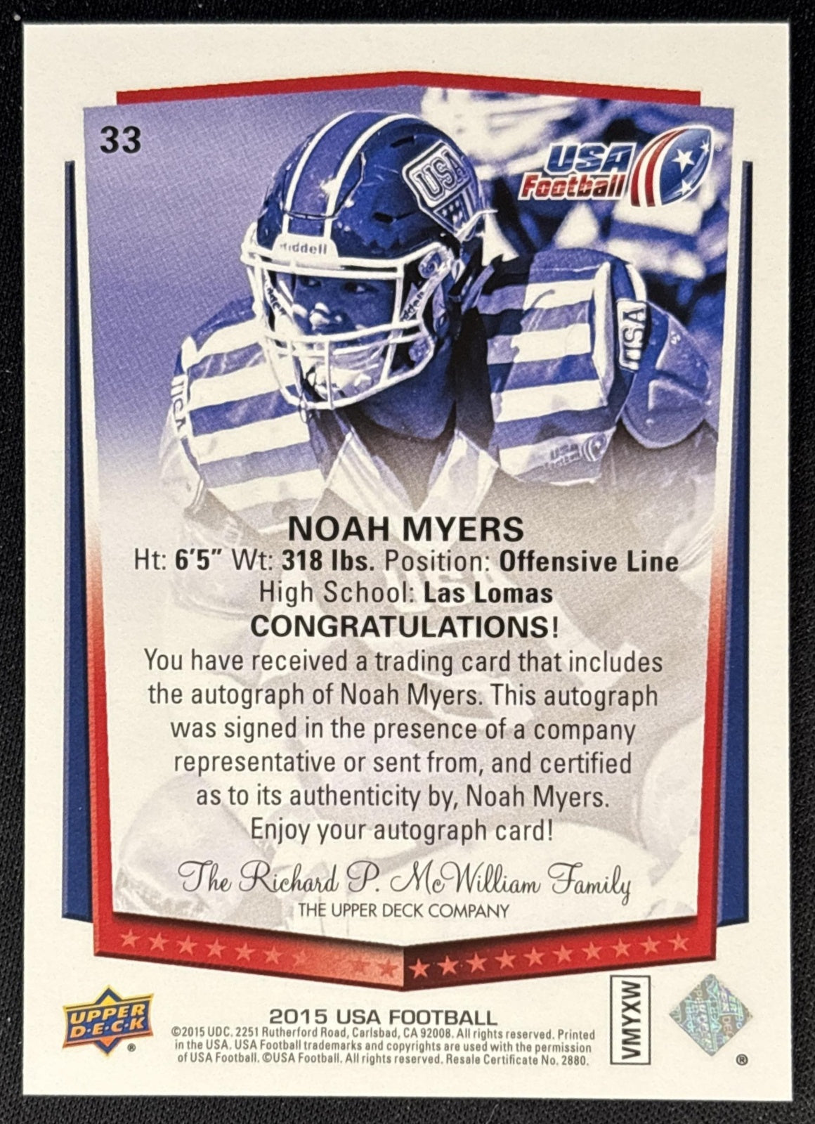 Noah Myers 2015 Upper Deck USA Football Auto back
