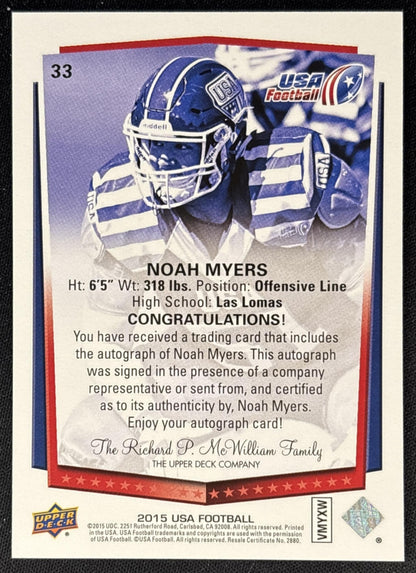 Noah Myers 2015 Upper Deck USA Football Auto back