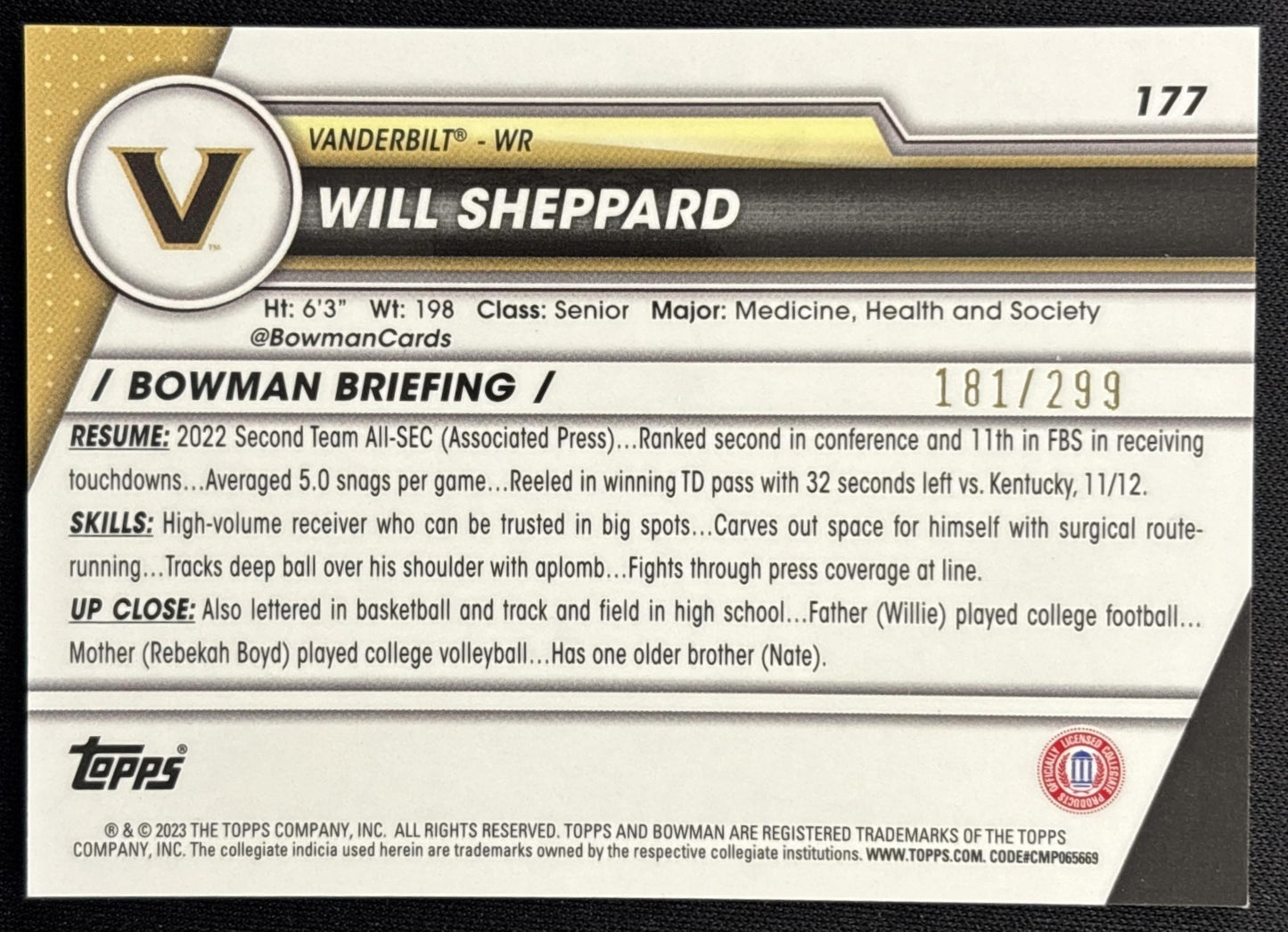 Will Sheppard 2023 Bowman University Chrome Aqua Refractor /299 Commodores back