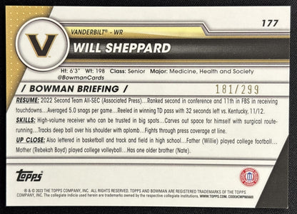 Will Sheppard 2023 Bowman University Chrome Aqua Refractor /299 Commodores back