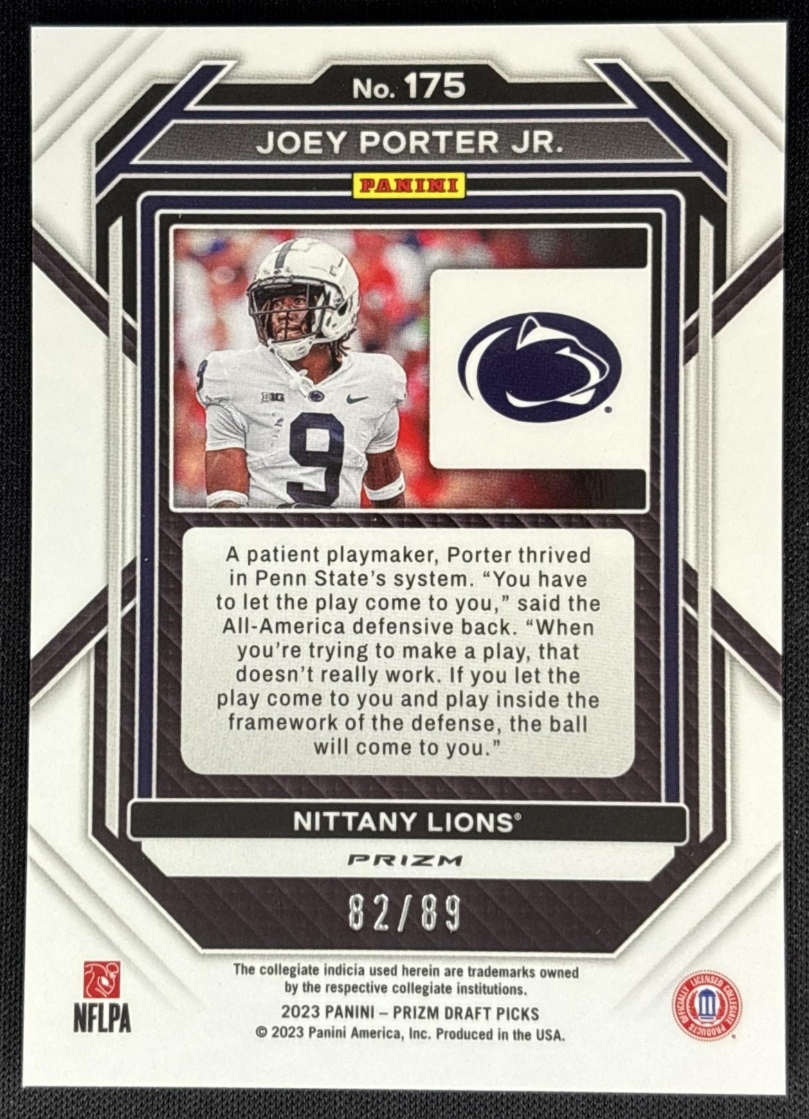 Joey Porter Jr. 2023 Prizm Draft Picks Prizms Blue Finite /89 Nittany Lions Sports Trading Cards
