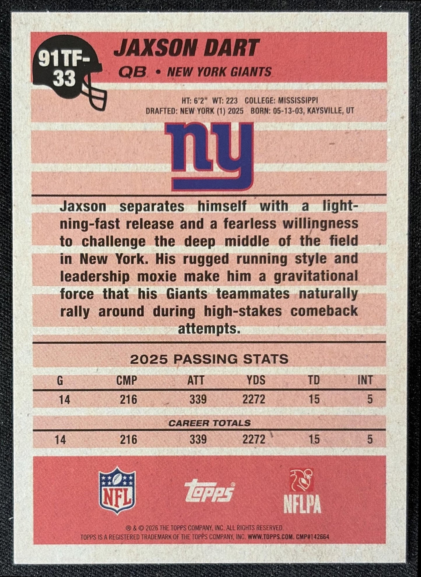 Jaxson Dart 2026 Topps 1991 Crackle Foil Giants back