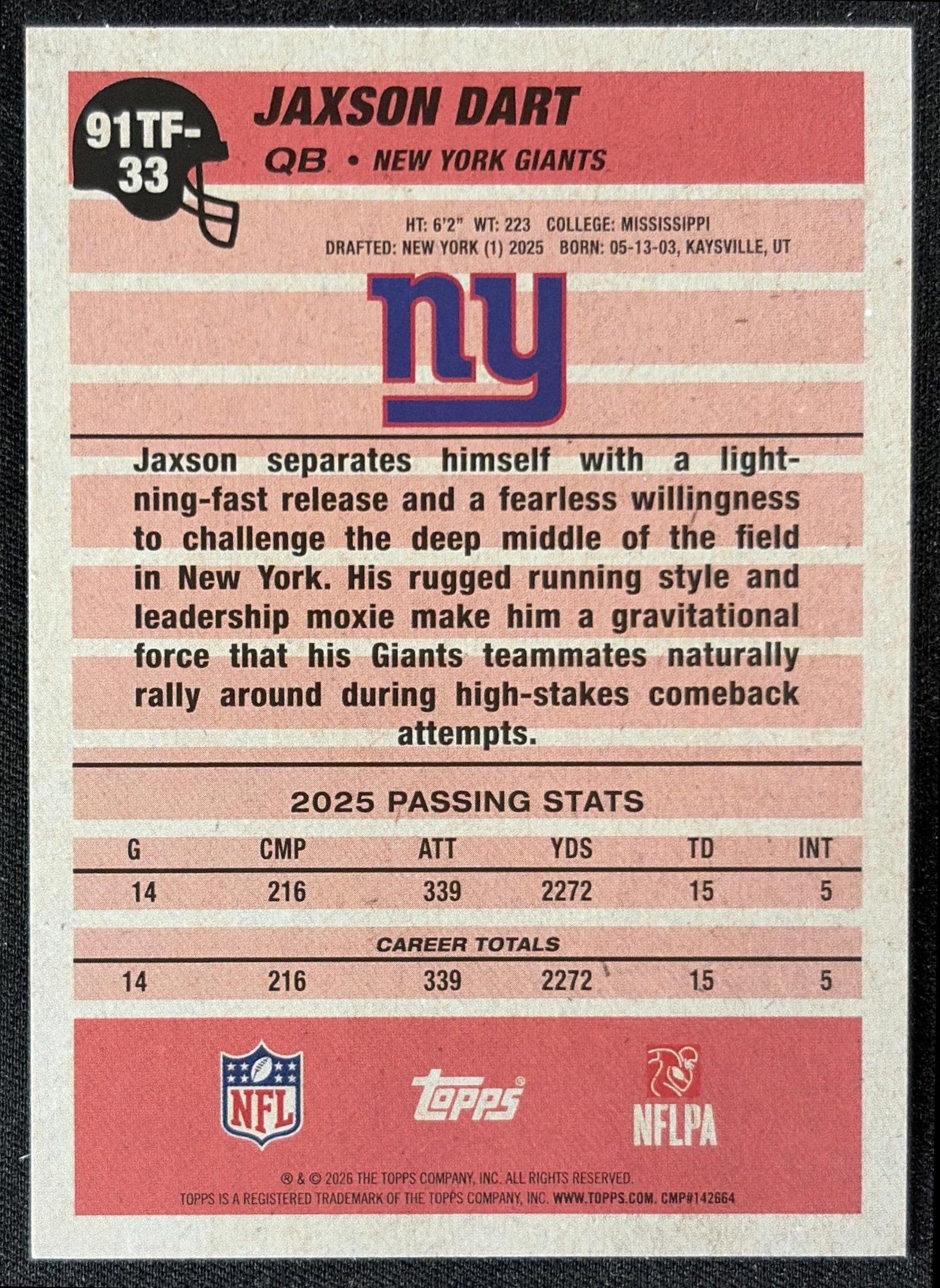 Jaxson Dart 2026 Topps 1991 Crackle Foil Giants back