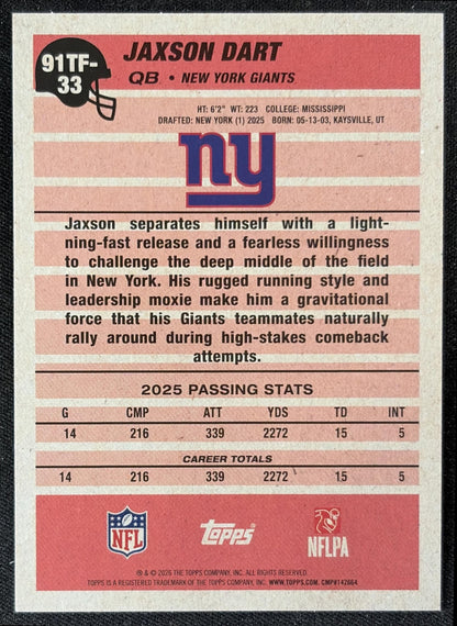 Jaxson Dart 2026 Topps 1991 Crackle Foil Giants back