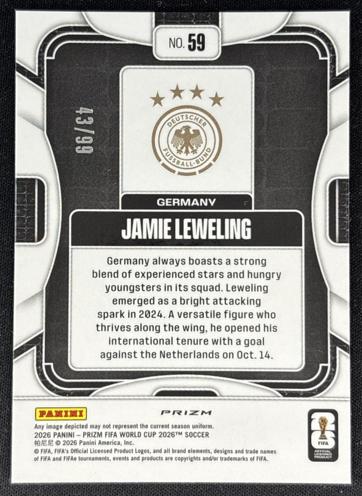 Jamie Leweling 2026 Panini Prizm World Cup Teal Wave /99 Germany Soccer