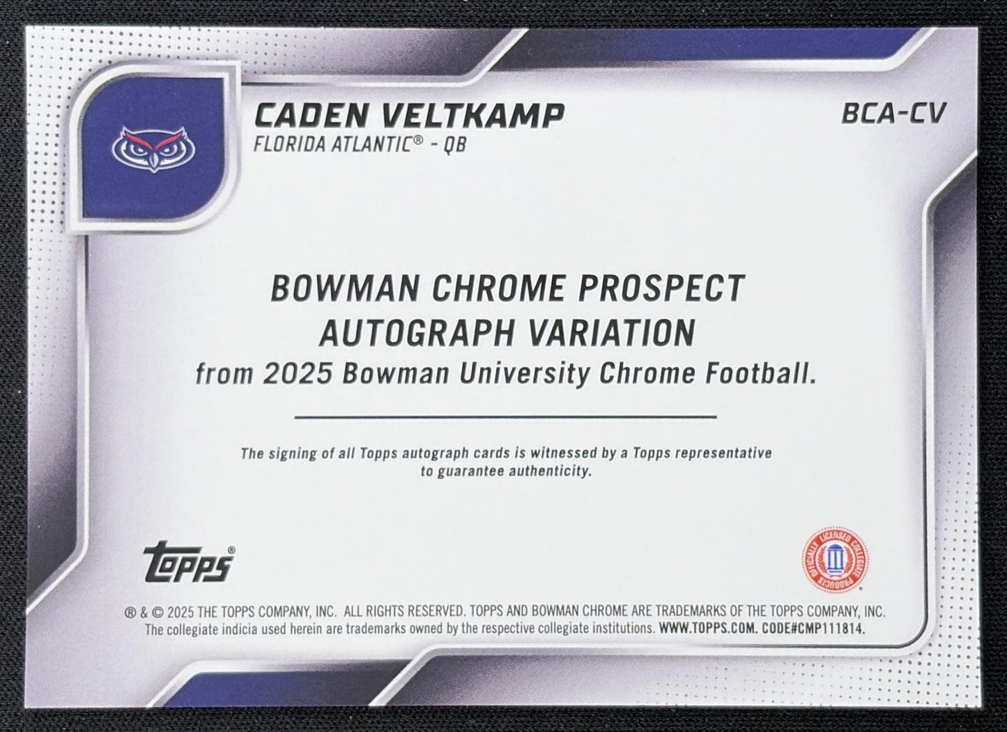 Caden Veltkamp 2025 Bowman Chrome University Prospect Auto Purple Refractor /75 Owls back