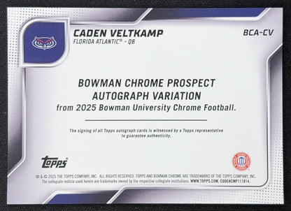 Caden Veltkamp 2025 Bowman Chrome University Prospect Auto Purple Refractor /75 Owls back