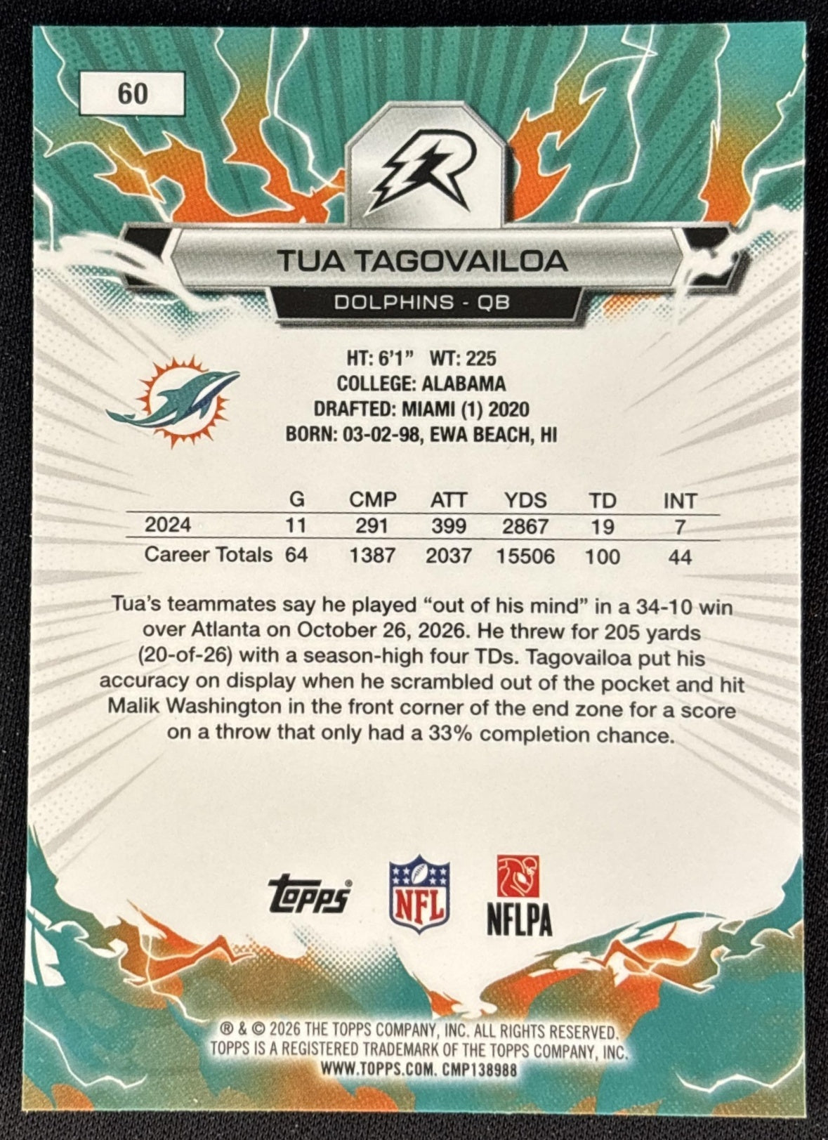 Tua Tagovailoa 2025 Topps Resurgence Dolphins Miami Dolphins back