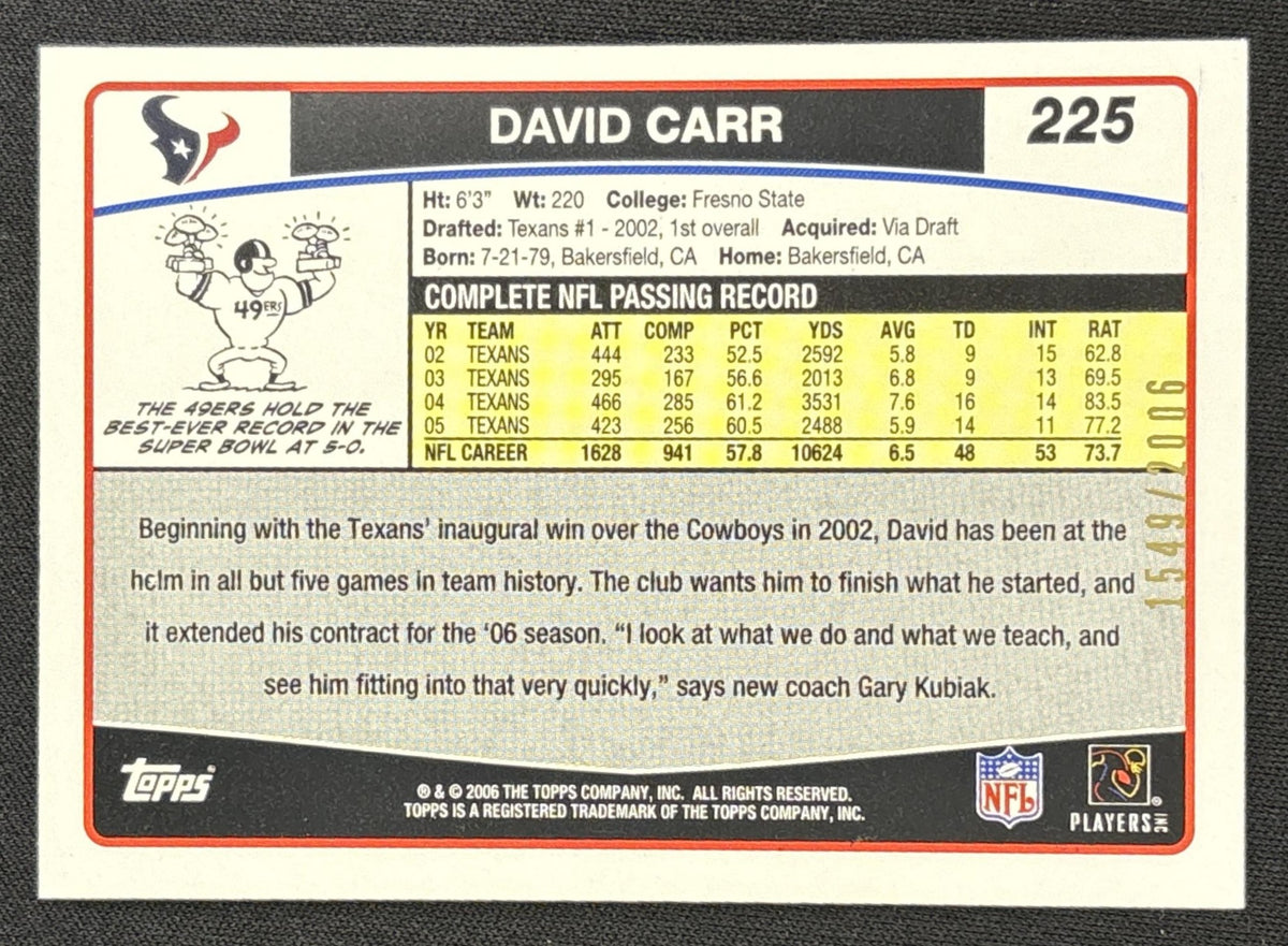 David Carr 2006 Topps Gold /2006 Texans Sports Trading Card