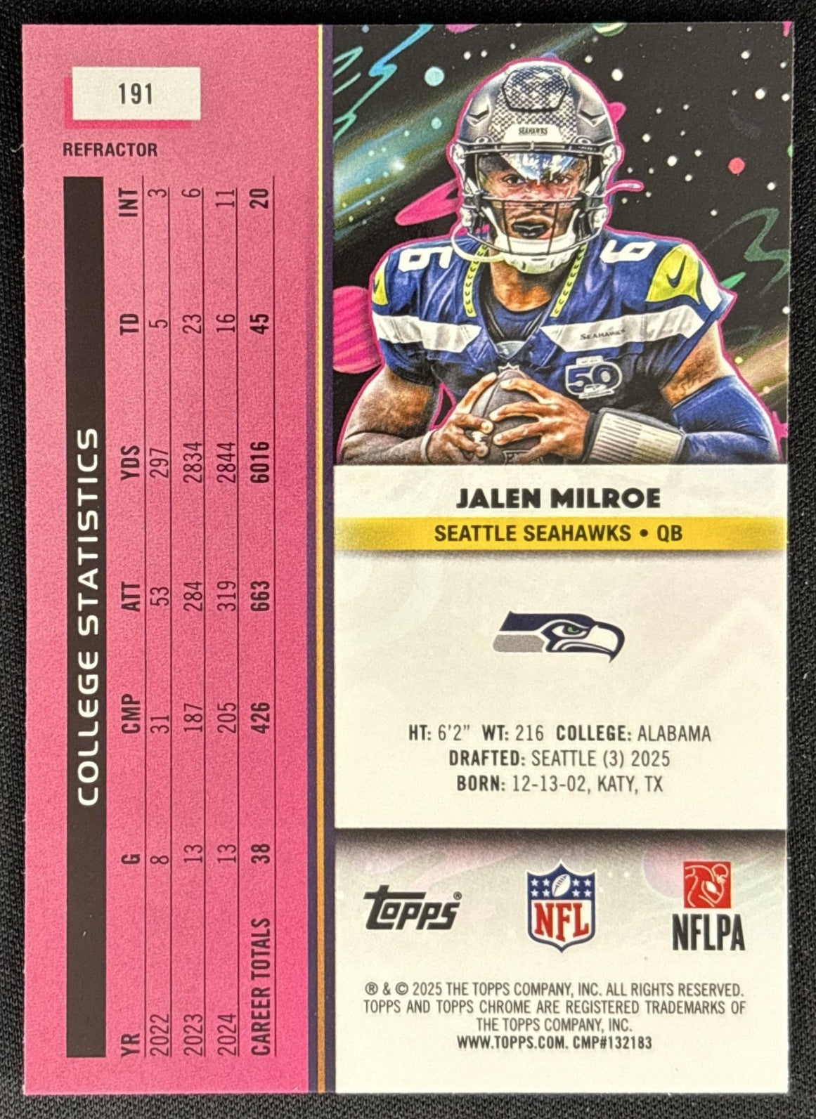 Jalen Milroe 2025 Topps Cosmic Chrome Refractor Seahawks