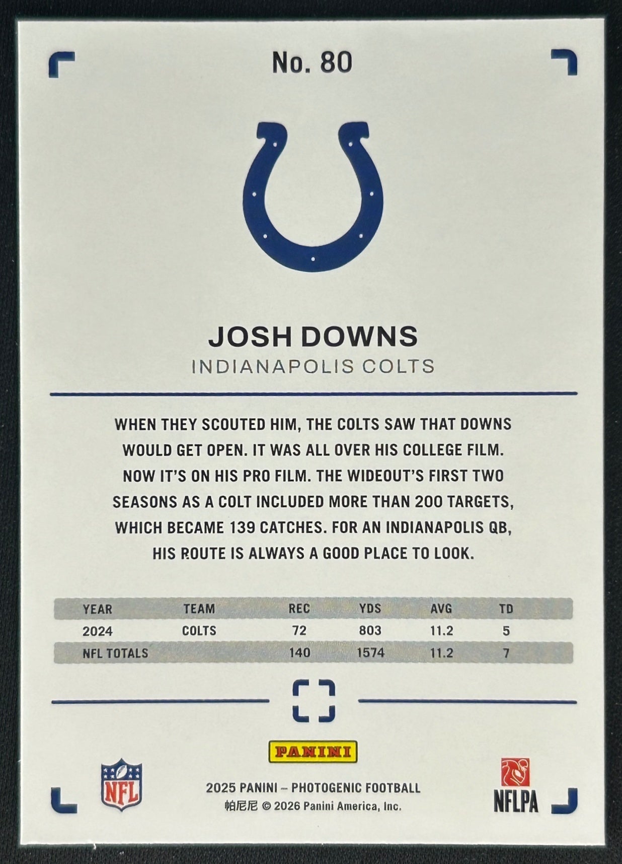 Josh Downs 2025 PhotoGenic Colts Sports Trading Cards