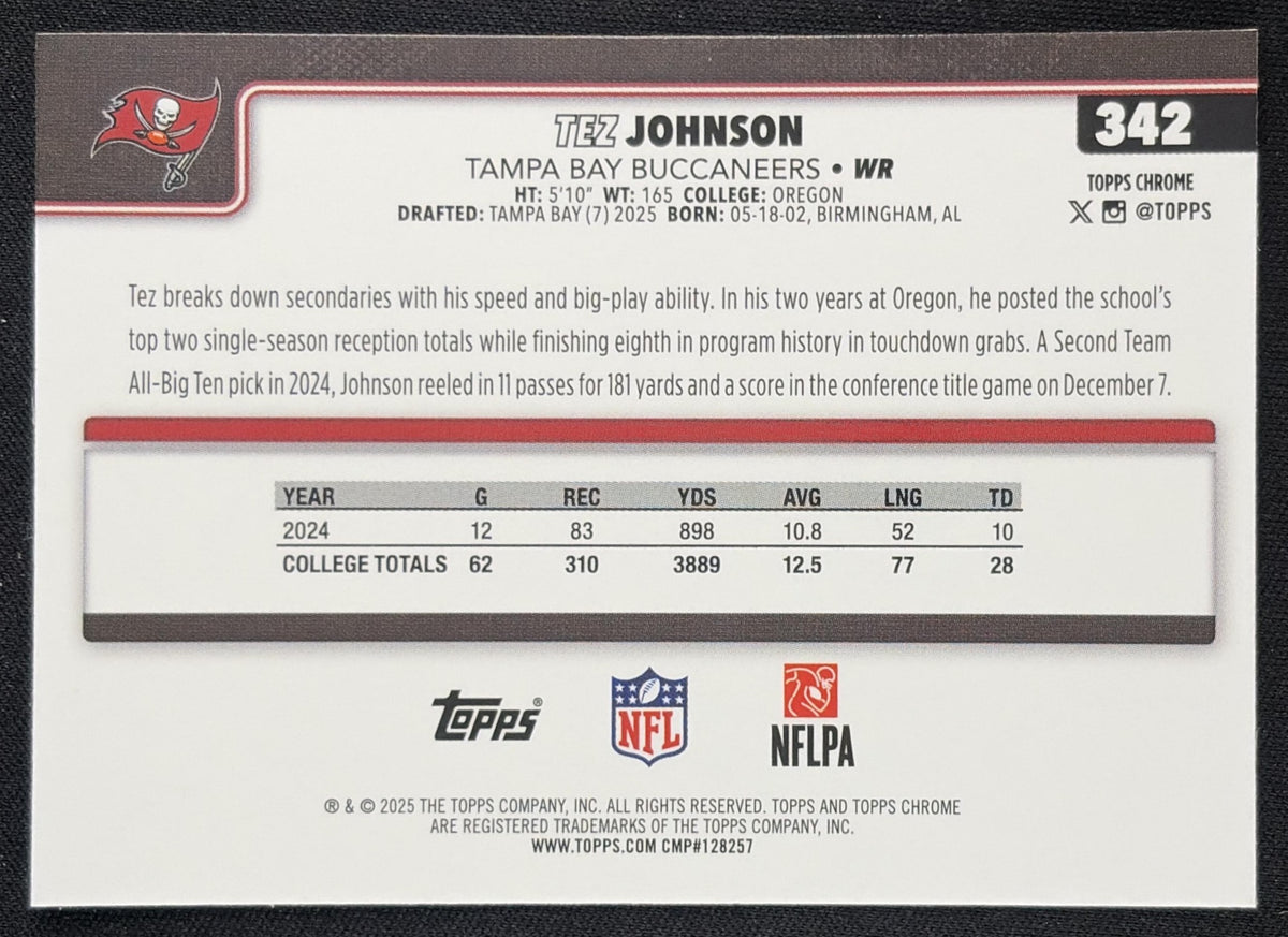 Tez Johnson 2025 Topps Chrome Rookie Hot Pink X-Fractor Tampa Bay Buccaneers