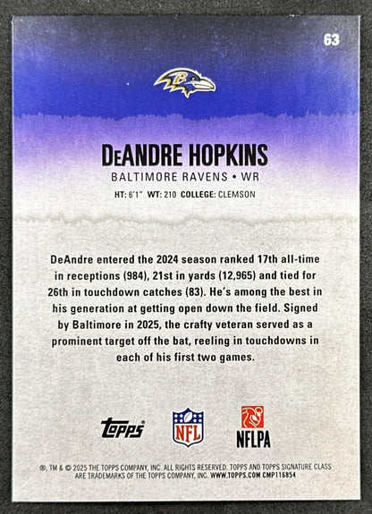 DeAndre Hopkins 2025 Topps Signature Class Veteran Blue & Yellow Foil Ravens back sports trading card