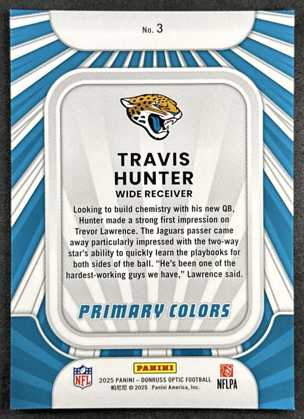 Travis Hunter 2025 Panini Donruss Optic Rookie Primary Colors Jaguars back