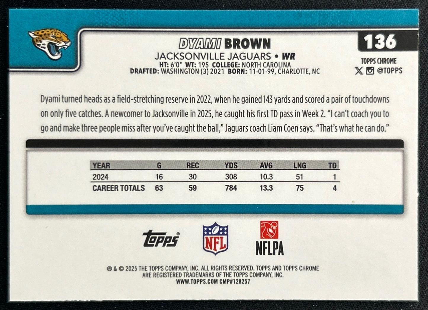 Dyami Brown 2025 Topps Chrome Jaguars Sports Trading Cards