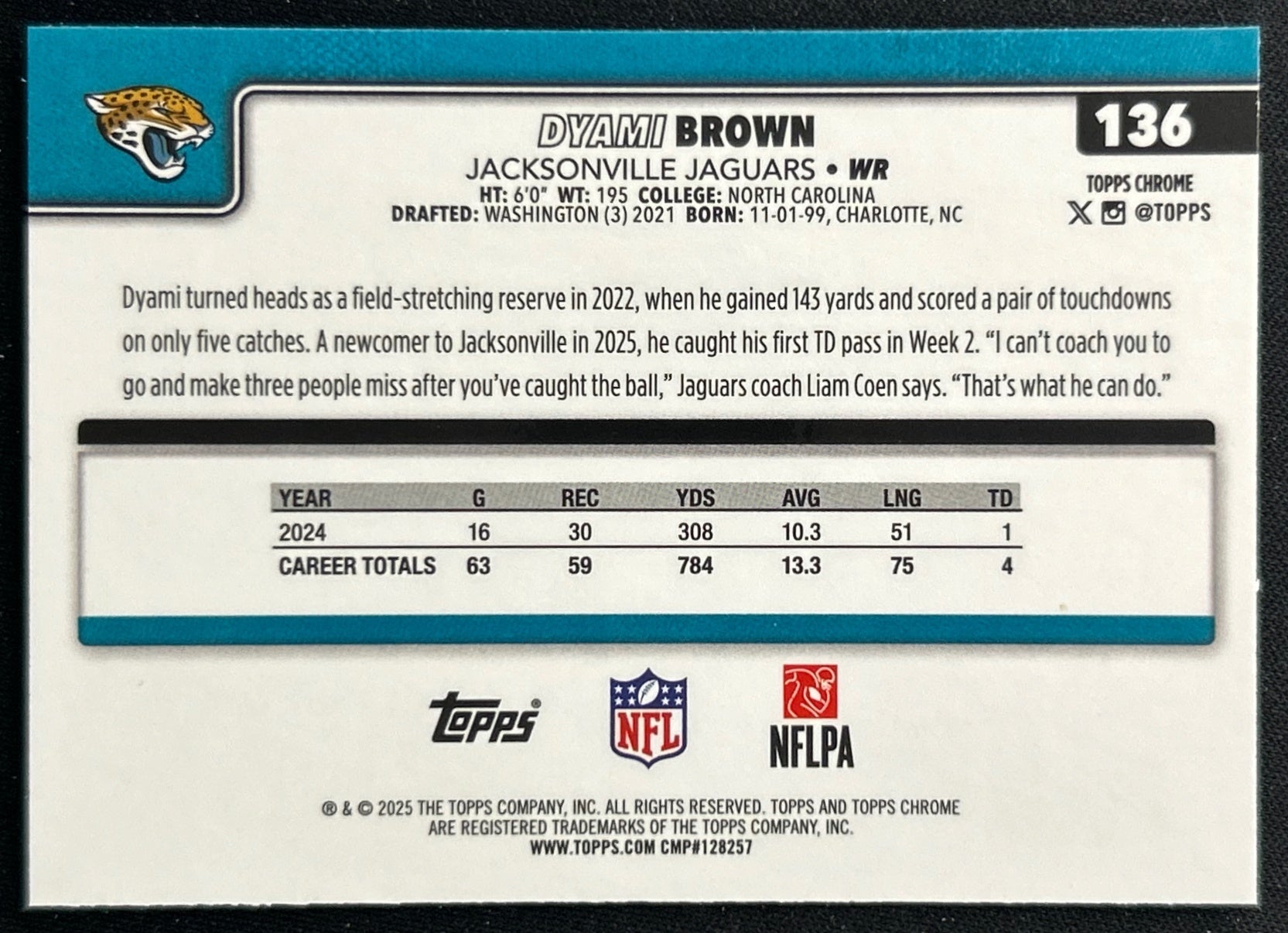 Dyami Brown 2025 Topps Chrome Jaguars Sports Trading Cards