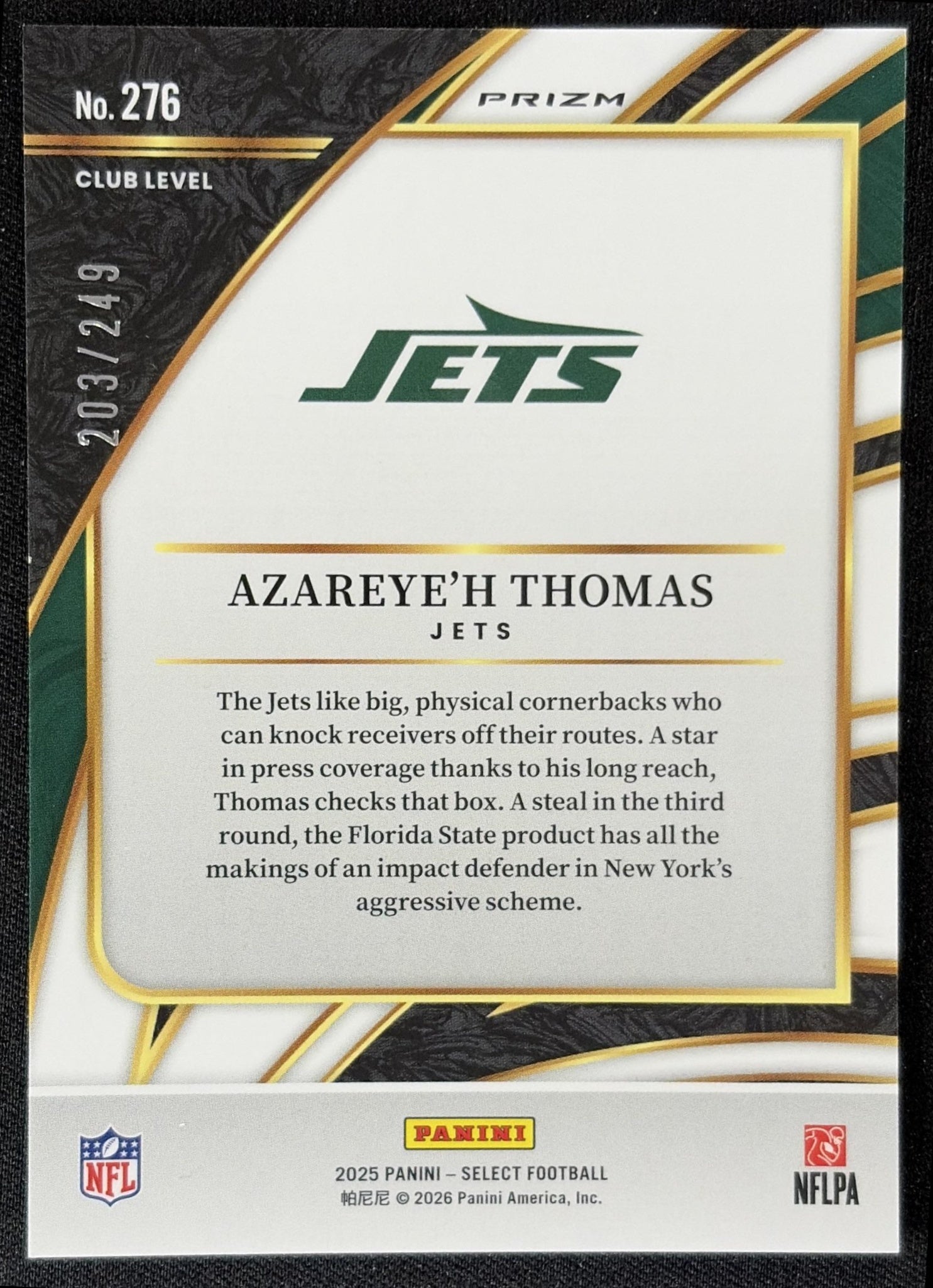 Azareye'h Thomas 2025 Panini Select Club Level Tri-Color Prizm /249 Jets back