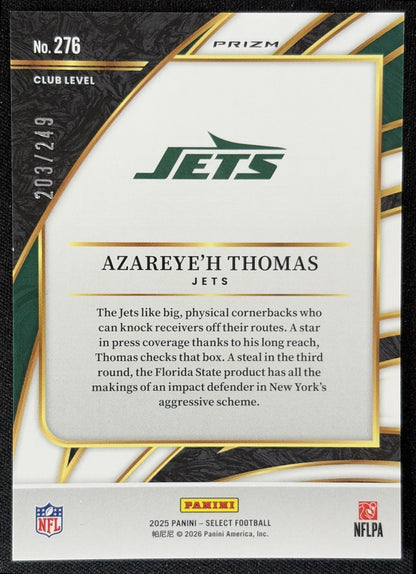 Azareye'h Thomas 2025 Panini Select Club Level Tri-Color Prizm /249 Jets back