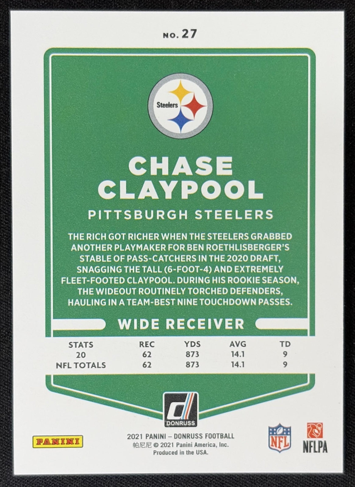 Chase Claypool 2021 Panini Donruss Press Proof Premium Steelers Sports Trading Card