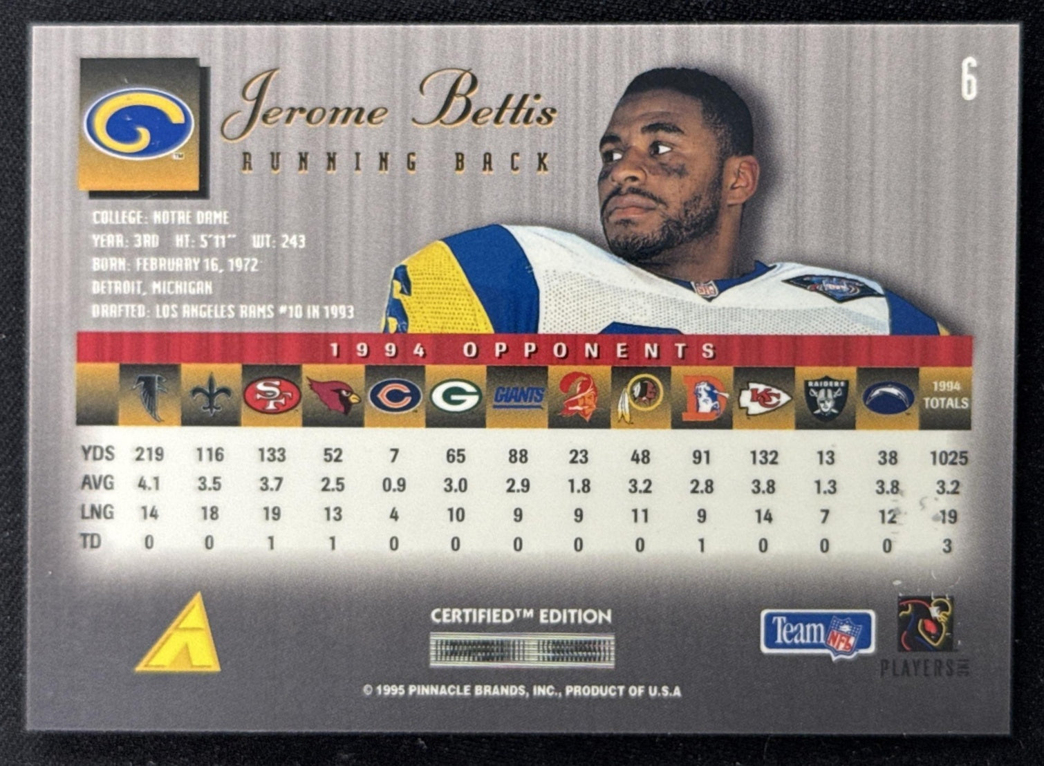Jerome Bettis 1995 Pinnacle Select Certified Rams