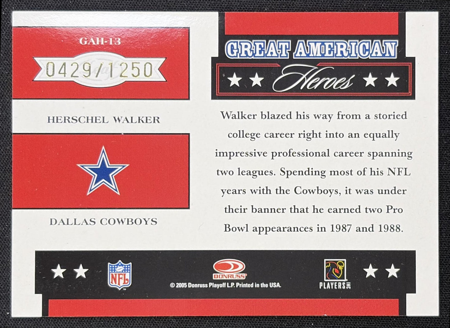 Herschel Walker 2005 Leaf Rookies & Stars Great American Heroes Red /1250 Cowboys back