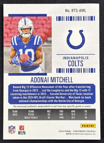 Adonai Mitchell 2024 Panini Contenders Rookie Ticket Swatches Colts