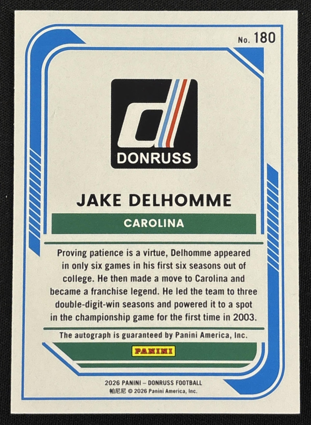 Jake Delhomme 2026 Panini Donruss Auto Red /49 Panthers Sports Trading Card