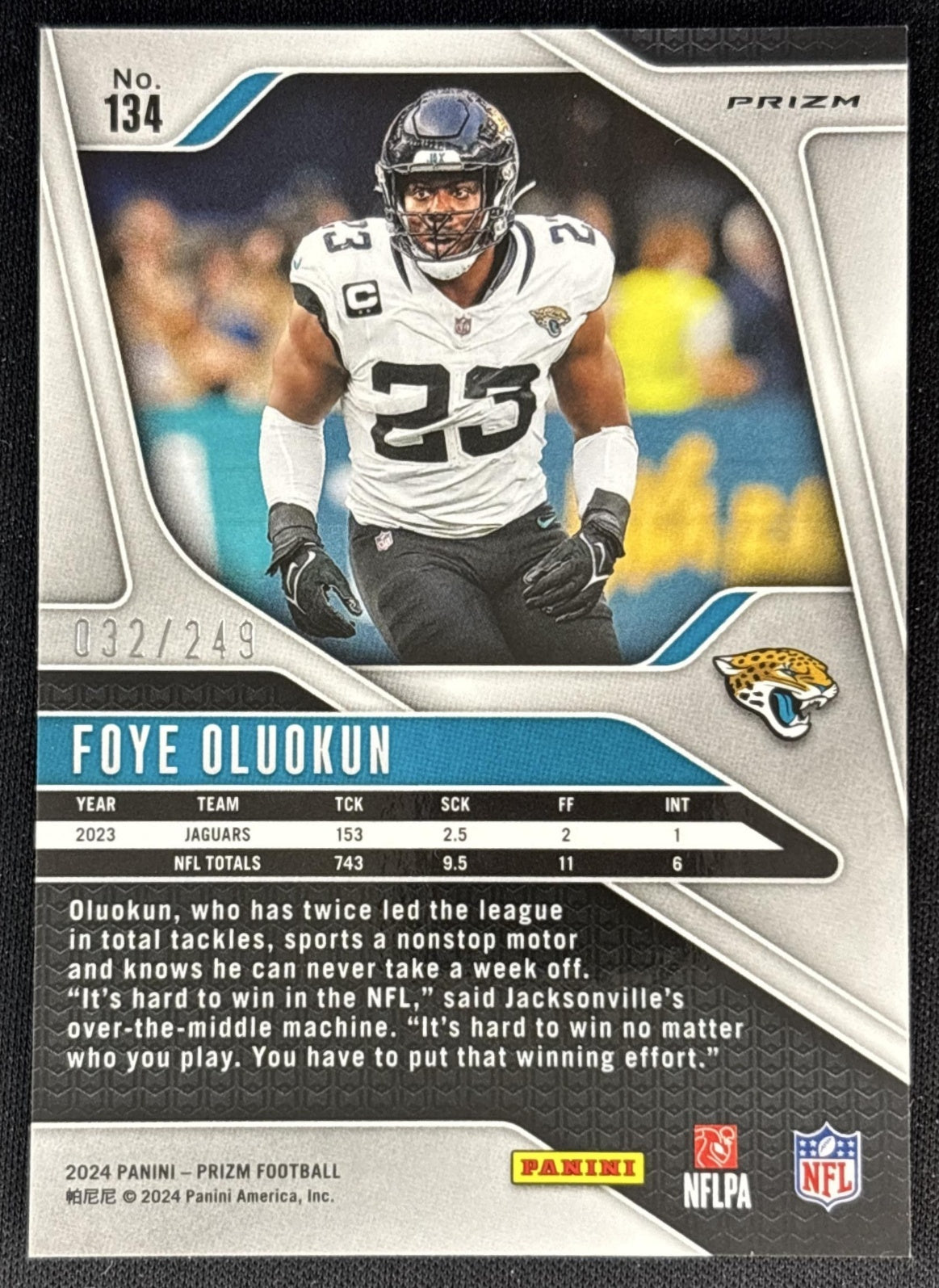 Foye Oluokun 2024 Panini Prizm Orange /249 Jaguars Back