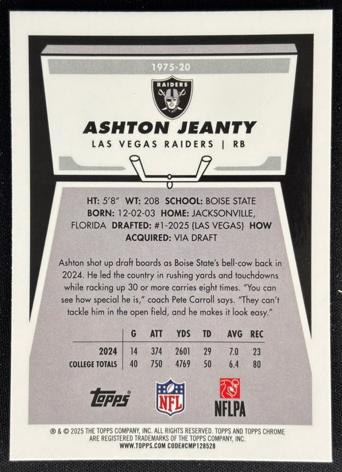 Ashton Jeanty 2025 Chrome 1975 Topps Raiders Sports Trading Cards