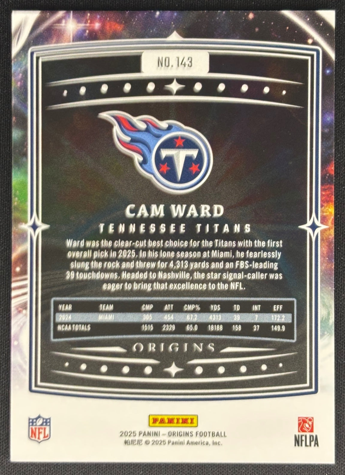 Cam Ward 2025 Origins Rookie Titans Sports Trading Cards
