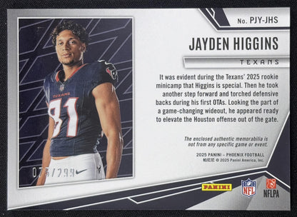 Jayden Higgins 2025 Panini Phoenix Rookie Phenom Jersey Red Prizm /299 Texans Houston Texans