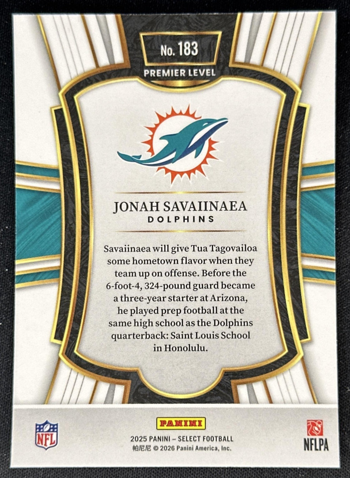 Jonah Savaiinaea 2025 Panini Select Premier Level Dolphins back