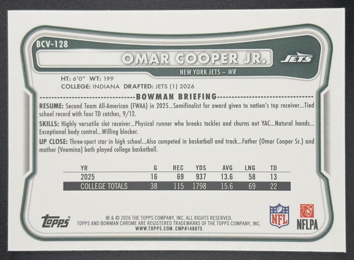 Omar Cooper Jr. 2026 Bowman Chrome NFL Mojo Refractor Jets New York Jets Sports Trading Card