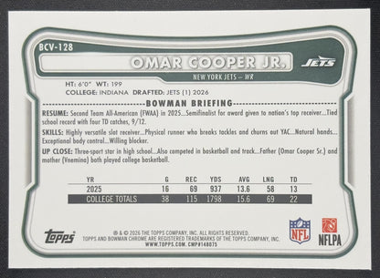 Omar Cooper Jr. 2026 Bowman Chrome NFL Mojo Refractor Jets New York Jets Sports Trading Card