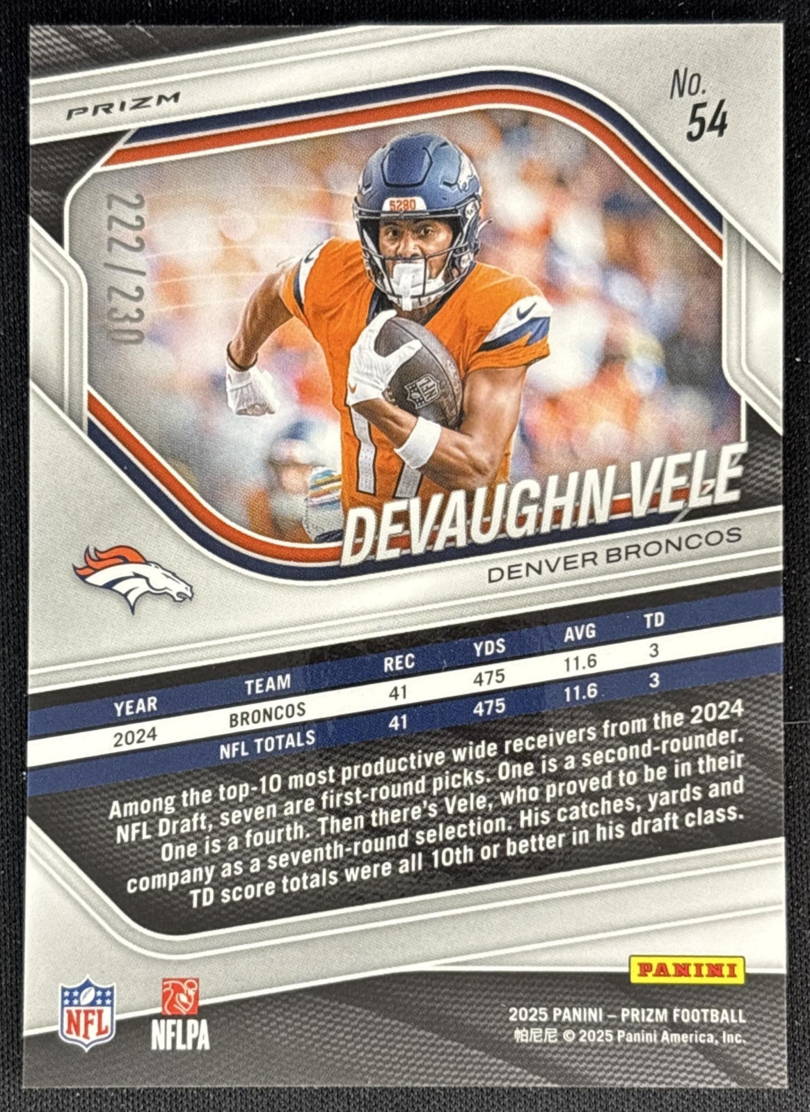 Devaughn Vele 2025 Panini Prizm Blue Wave /230 Broncos back