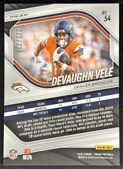 Devaughn Vele 2025 Panini Prizm Blue Wave /230 Broncos back