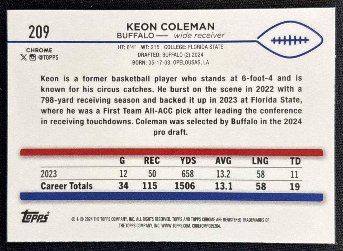 Keon Coleman 2024 Topps Chrome Magenta Speckle Refractor /399 Bills back