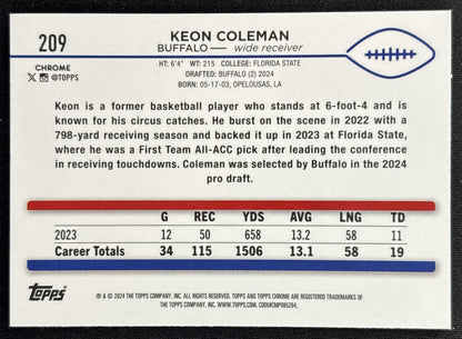 Keon Coleman 2024 Topps Chrome Magenta Speckle Refractor /399 Bills back