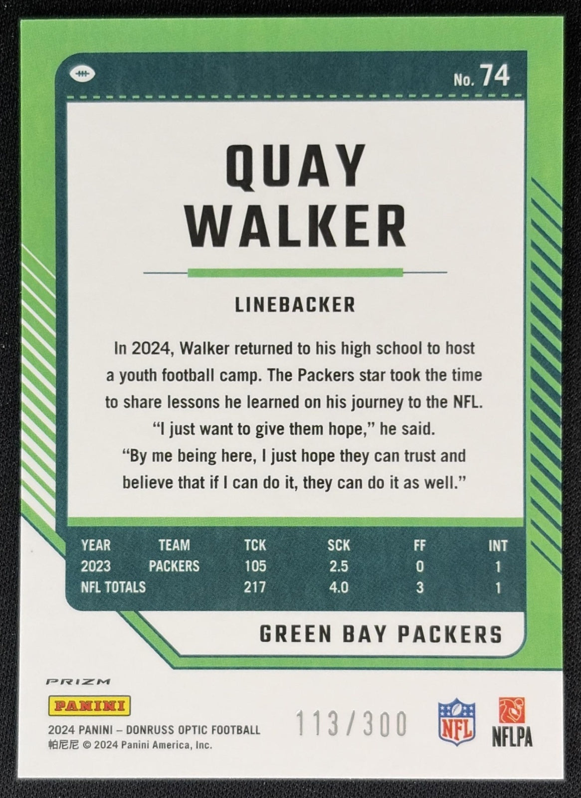 Quay Walker 2024 Panini Donruss Optic Wave /300 Packers Back