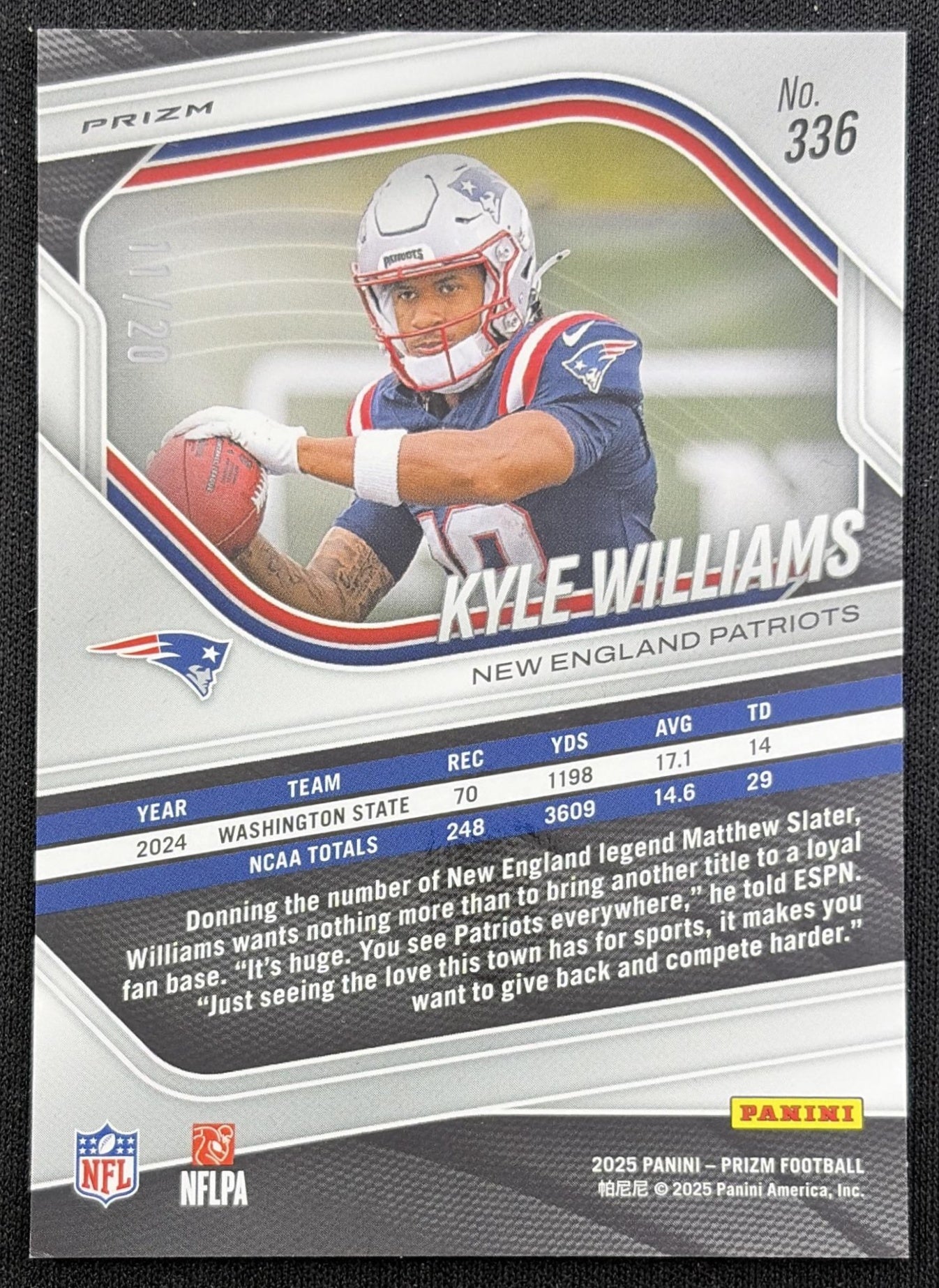Kyle Williams 2025 Panini Prizm Logo /20 Patriots New England Patriots