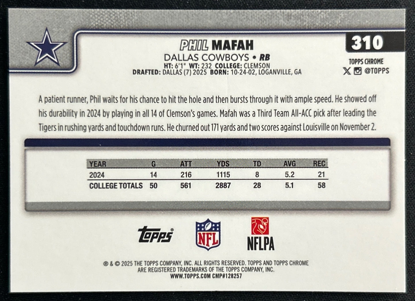Phil Mafah 2025 Topps Chrome Rookie Cowboys Sports Trading Cards