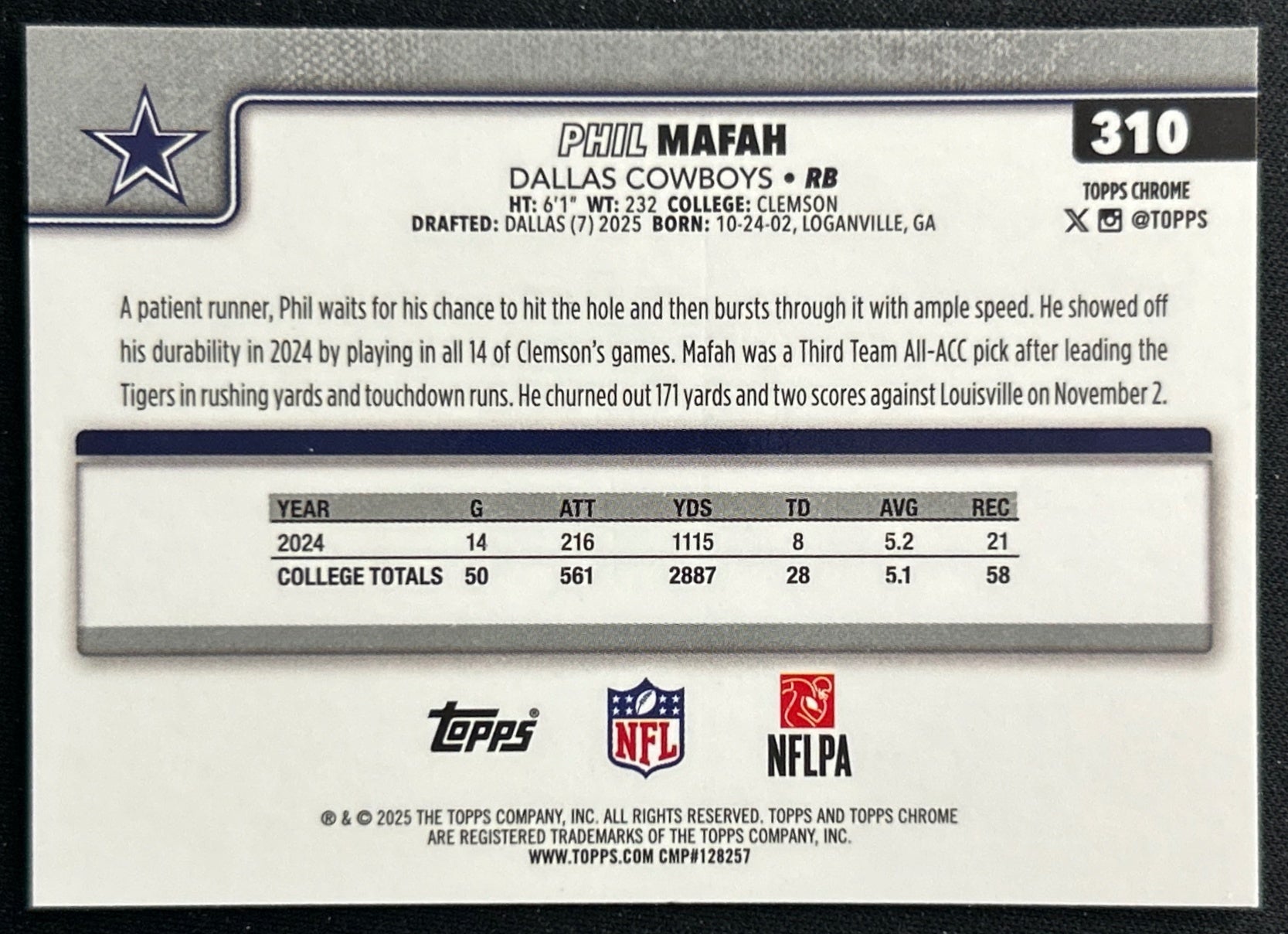 Phil Mafah 2025 Topps Chrome Rookie Cowboys Sports Trading Cards