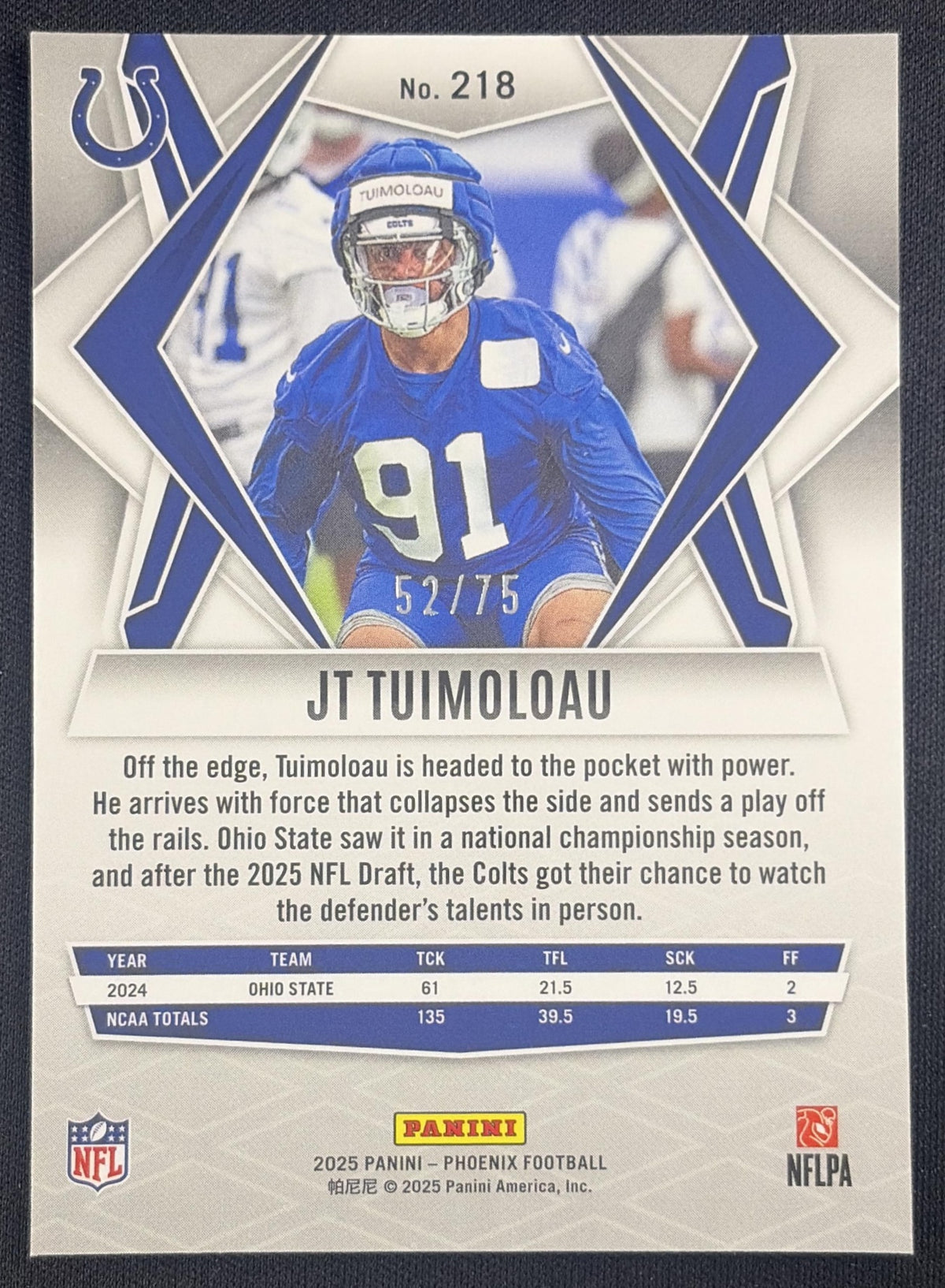 JT Tuimoloau 2025 Panini Phoenix Pink Seismic Prizm /75 Colts Indianapolis Colts