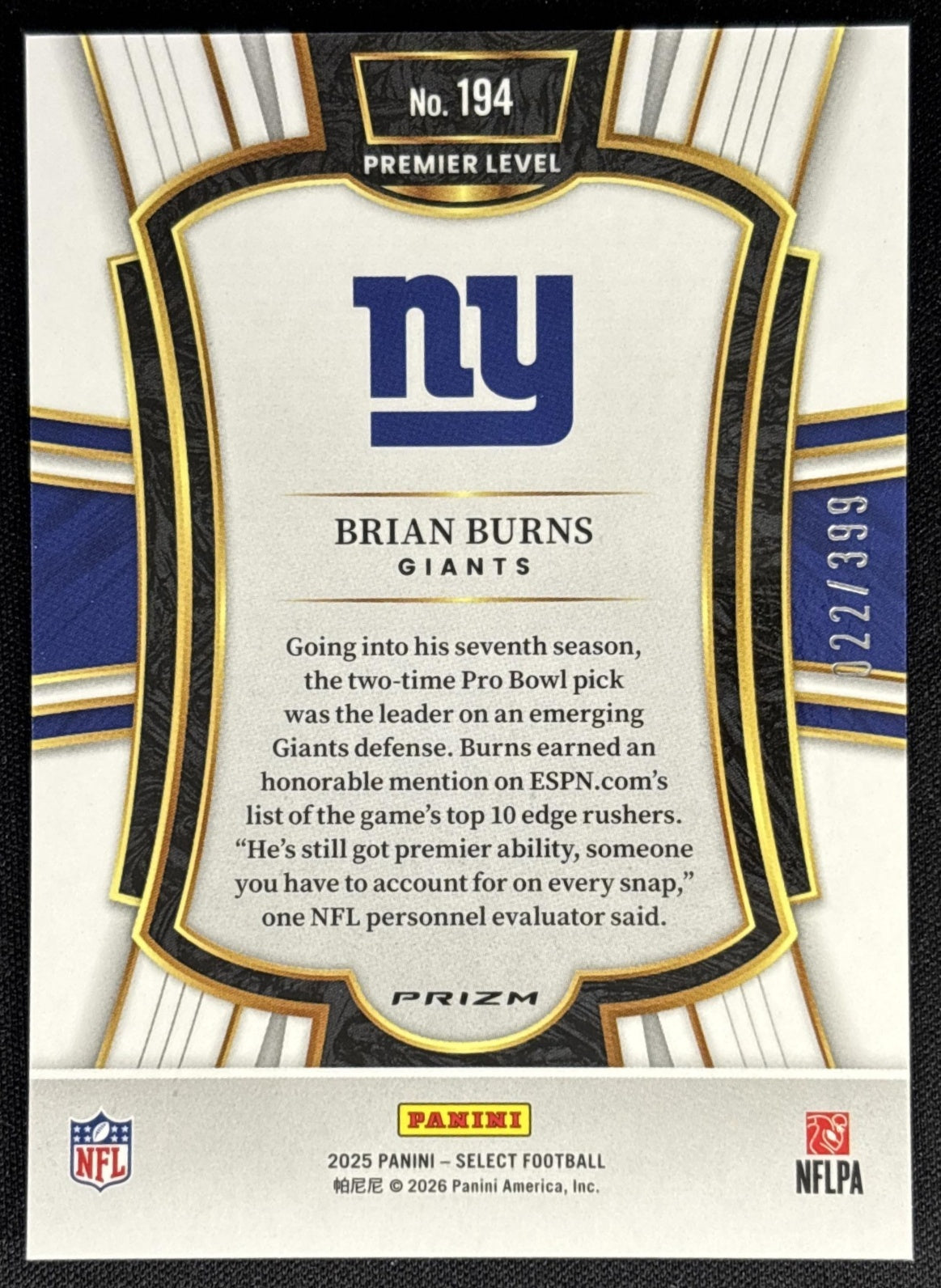 Brian Burns 2024 Panini Select Club Orange Prizm Shock /399 Giants