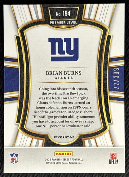 Brian Burns 2024 Panini Select Club Orange Prizm Shock /399 Giants